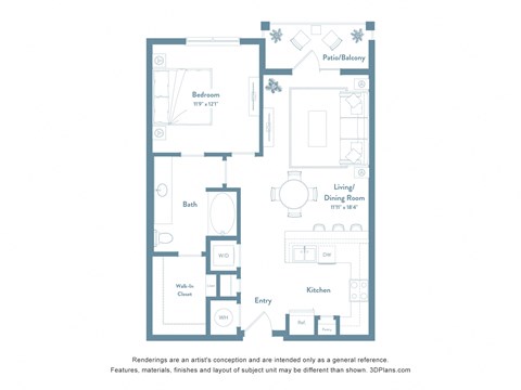Floor plan for 1 bed, 1 bath, 793 sqft